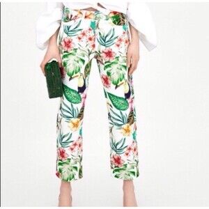 ZARA Trf Collection Tropical Print Hi Rise Mom Fit Button Fly Jeans Women 10 @K2